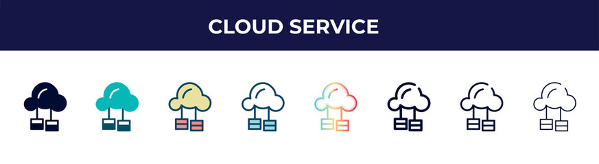 cloud service icon in 8 styles. line, filled, glyph, thin outline, colorful, stroke and gradient styles, cloud service vector sign. symbol, logo illustration. different style icons set.