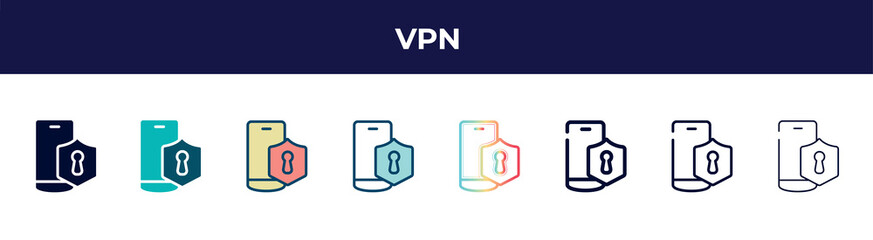 vpn icon in 8 styles. line, filled, glyph, thin outline, colorful, stroke and gradient styles, vpn vector sign. symbol, logo illustration. different style icons set.