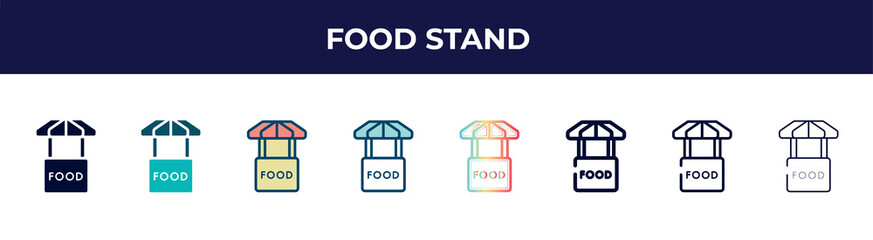 food stand icon in 8 styles. line, filled, glyph, thin outline, colorful, stroke and gradient styles, food stand vector sign. symbol, logo illustration. different style icons set.