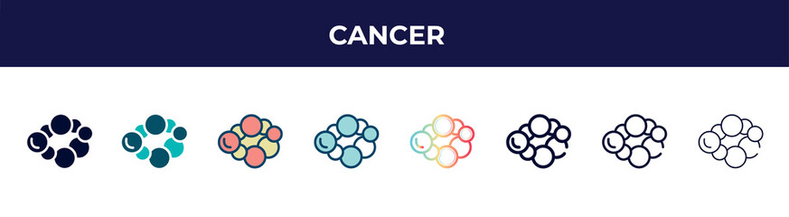 cancer icon in 8 styles. line, filled, glyph, thin outline, colorful, stroke and gradient styles, cancer vector sign. symbol, logo illustration. different style icons set.