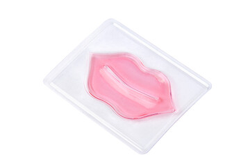 Pink hydrogel lips patch in transparent disposable sachet isolated on background with clipping path. Korean cosmetics. Cosmetology and skin care. 