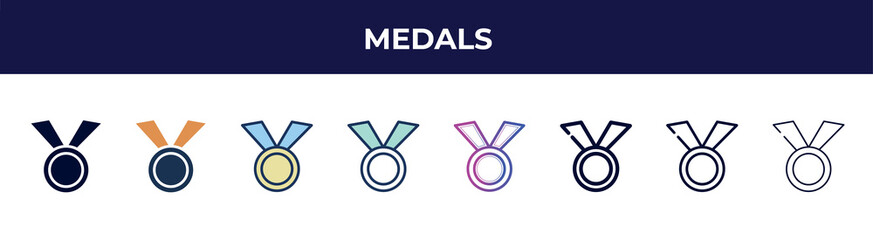 medals icon in 8 styles. line, filled, glyph, thin outline, colorful, stroke and gradient styles, medals vector sign. symbol, logo illustration. different style icons set.