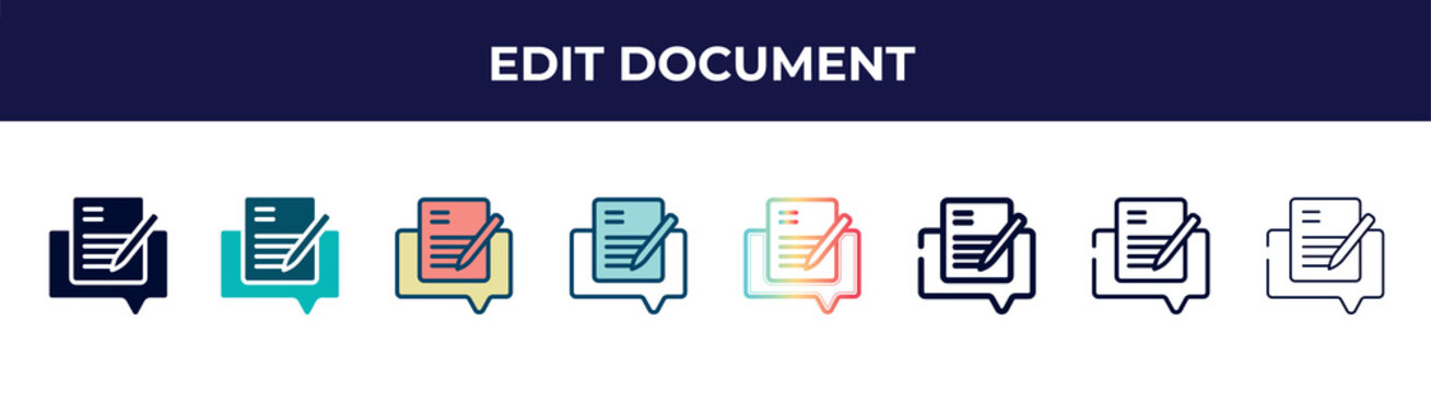 edit document icon in 8 styles. line, filled, glyph, thin outline, colorful, stroke and gradient styles, edit document vector sign. symbol, logo illustration. different style icons set.