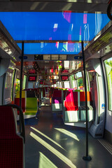 Colorful trip. Train interior.  Modern public transportation in Ile-de-France. France.