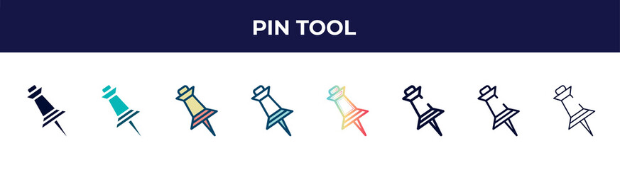 Fototapeta premium pin tool icon in 8 styles. line, filled, glyph, thin outline, colorful, stroke and gradient styles, pin tool vector sign. symbol, logo illustration. different style icons set.
