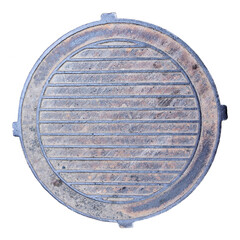 Old metal shabby manhole cover sewer cap isolated on white