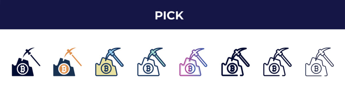 pick icon in 8 styles. line, filled, glyph, thin outline, colorful, stroke and gradient styles, pick vector sign. symbol, logo illustration. different style icons set.