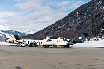 Private jets and aircrafts at the airport of Engadine St Moritz