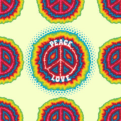 A pacifist sign. A symbol of peace in the hippie style. With the inscription "Peace, love". Seamless background