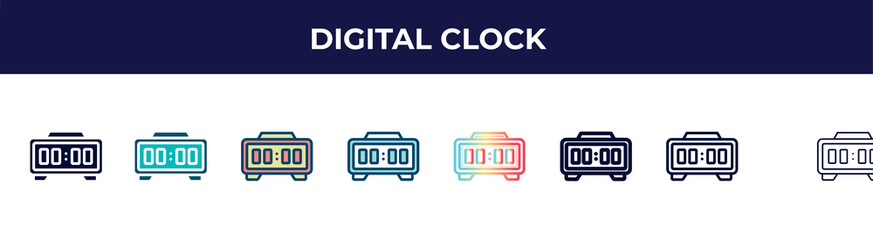 digital clock icon in 8 styles. line, filled, glyph, thin outline, colorful, stroke and gradient styles, digital clock vector sign. symbol, logo illustration. different style icons set.