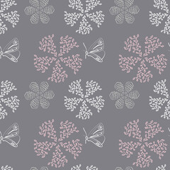 Seamless pattern with pink and white floral ornaments and butterflies on a dark gray background. Vector design for fabric, textile, wallpaper, prints, decorations, packaging.