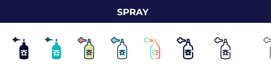spray icon in 8 styles. line, filled, glyph, thin outline, colorful, stroke and gradient styles, spray vector sign. symbol, logo illustration. different style icons set.