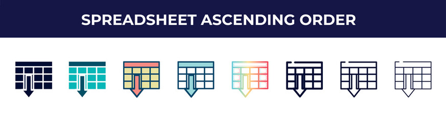 spreadsheet ascending order icon in 8 styles. line, filled, glyph, thin outline, colorful, stroke and gradient styles, spreadsheet ascending order vector sign. symbol, logo illustration. different