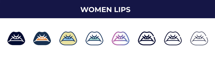 women lips icon in 8 styles. line, filled, glyph, thin outline, colorful, stroke and gradient styles, women lips vector sign. symbol, logo illustration. different style icons set.