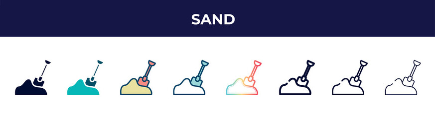 Fototapeta premium sand icon in 8 styles. line, filled, glyph, thin outline, colorful, stroke and gradient styles, sand vector sign. symbol, logo illustration. different style icons set.
