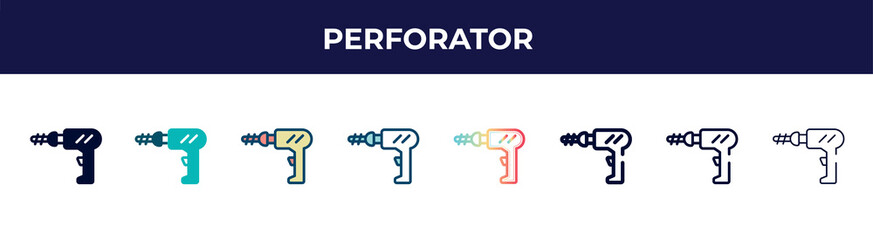perforator icon in 8 styles. line, filled, glyph, thin outline, colorful, stroke and gradient styles, perforator vector sign. symbol, logo illustration. different style icons set.