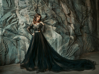 Beautiful elegant chic luxury woman princess stands on backdrop gray stone wall dungeon ancient...