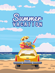 Vacation travel yellow car with luggage bags, surfboard on the beach. Tropical seachore, sea, ocean, back view. Vector illustration retro cartoon