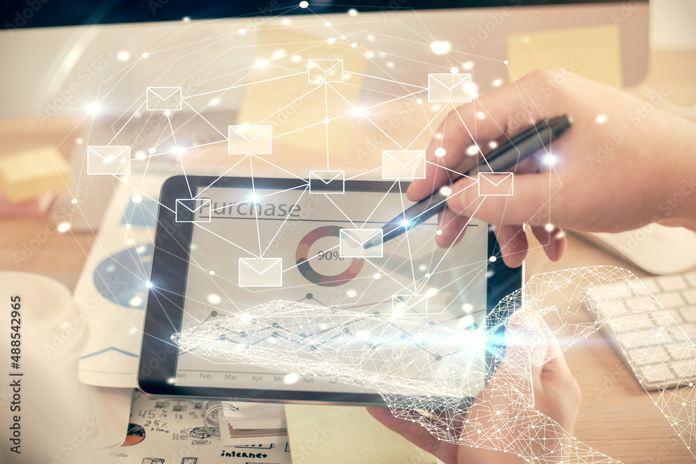 Poster Double exposure of man's hands holding and using a digital device and envelop hologram drawing. E-mail concept.