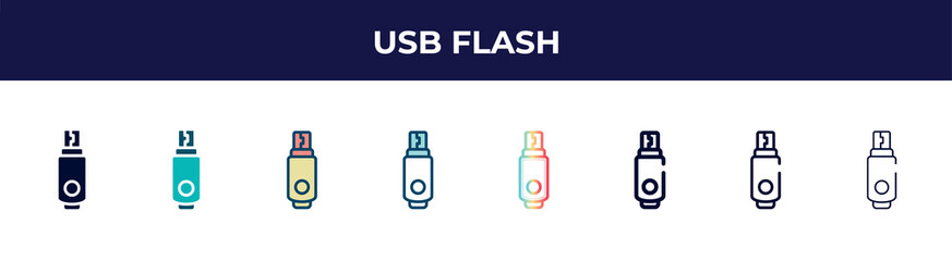 usb flash icon in 8 styles. line, filled, glyph, thin outline, colorful, stroke and gradient styles, usb flash vector sign. symbol, logo illustration. different style icons set.
