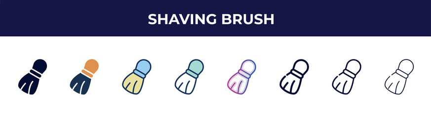shaving brush icon in 8 styles. line, filled, glyph, thin outline, colorful, stroke and gradient styles, shaving brush vector sign. symbol, logo illustration. different style icons set.