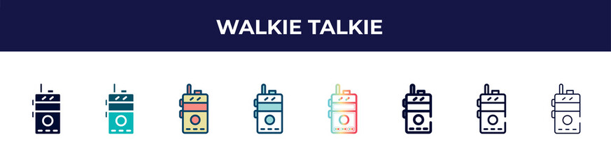 walkie talkie icon in 8 styles. line, filled, glyph, thin outline, colorful, stroke and gradient styles, walkie talkie vector sign. symbol, logo illustration. different style icons set.