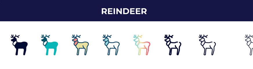 reindeer icon in 8 styles. line, filled, glyph, thin outline, colorful, stroke and gradient styles, reindeer vector sign. symbol, logo illustration. different style icons set.