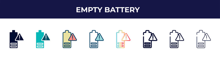 empty battery icon in 8 styles. line, filled, glyph, thin outline, colorful, stroke and gradient styles, empty battery vector sign. symbol, logo illustration. different style icons set.