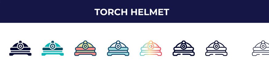 torch helmet icon in 8 styles. line, filled, glyph, thin outline, colorful, stroke and gradient styles, torch helmet vector sign. symbol, logo illustration. different style icons set.