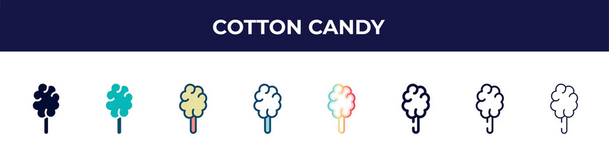 cotton candy icon in 8 styles. line, filled, glyph, thin outline, colorful, stroke and gradient styles, cotton candy vector sign. symbol, logo illustration. different style icons set.