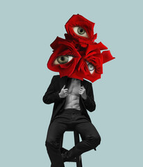 Contemporary art collage with young stylish man headed of red roses with open eyes inside it on...
