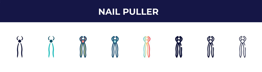 nail puller icon in 8 styles. line, filled, glyph, thin outline, colorful, stroke and gradient styles, nail puller vector sign. symbol, logo illustration. different style icons set.