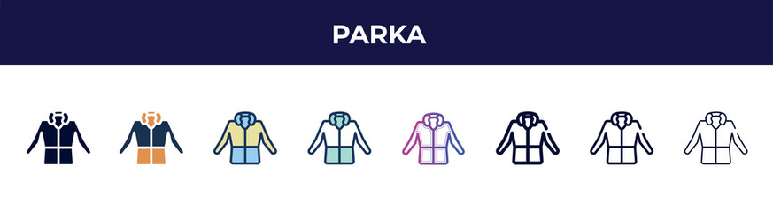 parka icon in 8 styles. line, filled, glyph, thin outline, colorful, stroke and gradient styles, parka vector sign. symbol, logo illustration. different style icons set.