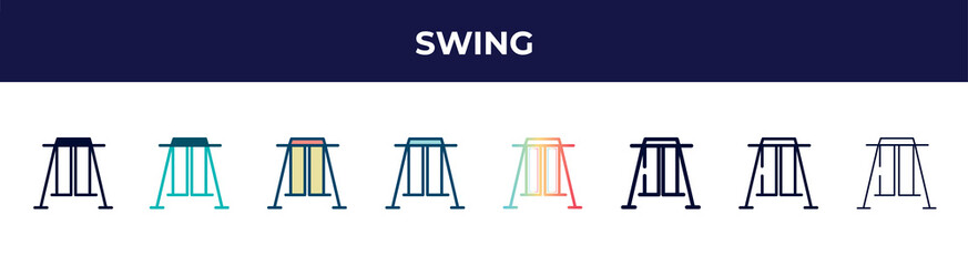 swing icon in 8 styles. line, filled, glyph, thin outline, colorful, stroke and gradient styles, swing vector sign. symbol, logo illustration. different style icons set.