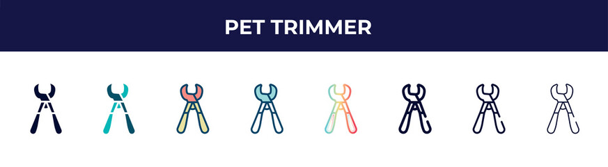 pet trimmer icon in 8 styles. line, filled, glyph, thin outline, colorful, stroke and gradient styles, pet trimmer vector sign. symbol, logo illustration. different style icons set.