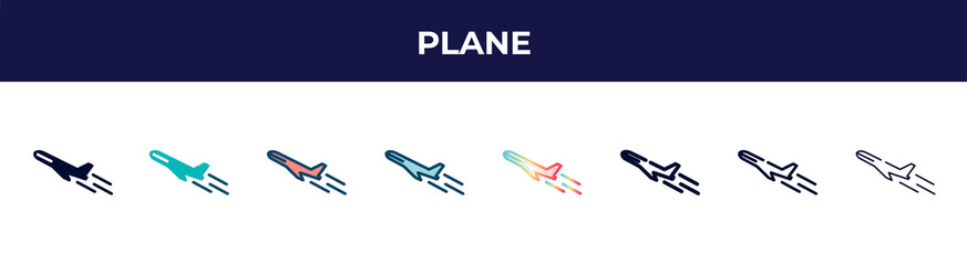 plane icon in 8 styles. line, filled, glyph, thin outline, colorful, stroke and gradient styles, plane vector sign. symbol, logo illustration. different style icons set.