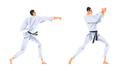 Men wearing white kimono practicing karate martial art cartoon vector illustration