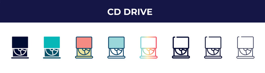cd drive icon in 8 styles. line, filled, glyph, thin outline, colorful, stroke and gradient styles, cd drive vector sign. symbol, logo illustration. different style icons set.