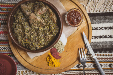 delicious European and Slavic cuisine on the big table waiting for guests. table with food, top view