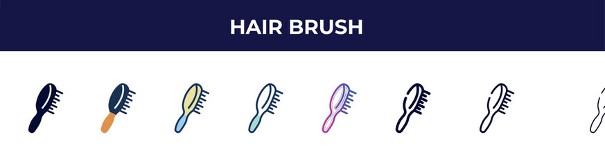 hair brush icon in 8 styles. line, filled, glyph, thin outline, colorful, stroke and gradient styles, hair brush vector sign. symbol, logo illustration. different style icons set.