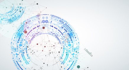 Abstract background with plexus effect. Scientific and technological concept with the use of technical elements formed in the shape of a circle.