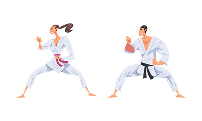 Fototapeta na wymiar People practicing karate martial arts set cartoon vector illustration
