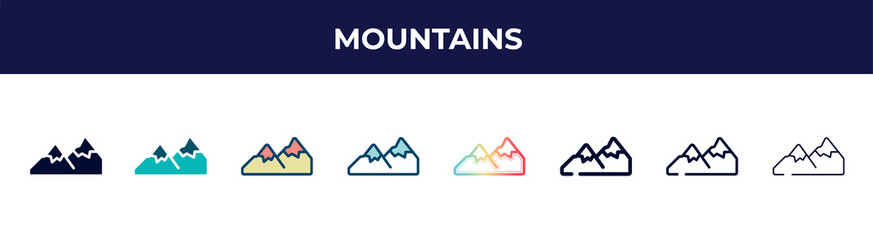 mountains icon in 8 styles. line, filled, glyph, thin outline, colorful, stroke and gradient styles, mountains vector sign. symbol, logo illustration. different style icons set.