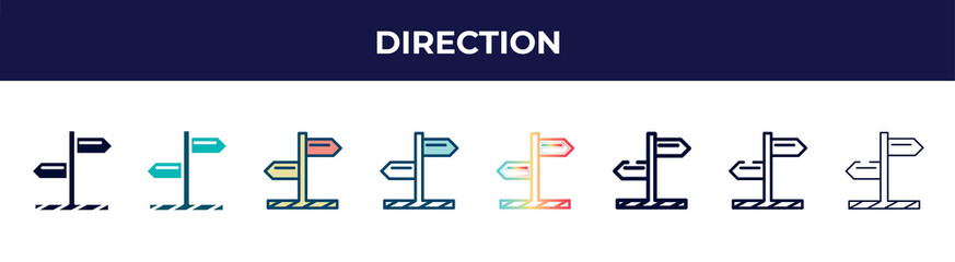 direction icon in 8 styles. line, filled, glyph, thin outline, colorful, stroke and gradient styles, direction vector sign. symbol, logo illustration. different style icons set.