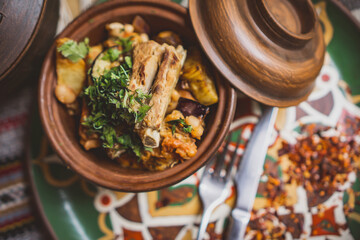 a lot of meat food on the table. Georgian cuisine. top view.