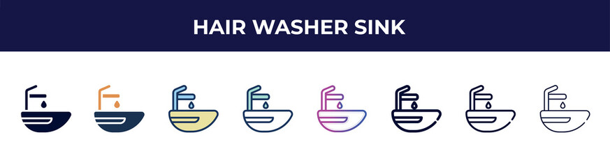 hair washer sink icon in 8 styles. line, filled, glyph, thin outline, colorful, stroke and gradient styles, hair washer sink vector sign. symbol, logo illustration. different style icons set.