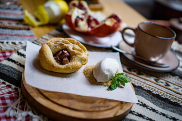 Traditional Georgian sweets and desserts with hazelnuts, walnuts, grape juice, honey, chocolate. Baklava, nakhini, churchkhela. Fresh fruits and candied fruits. Traditional Turkish coffee.