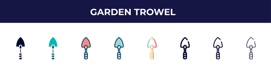 garden trowel icon in 8 styles. line, filled, glyph, thin outline, colorful, stroke and gradient styles, garden trowel vector sign. symbol, logo illustration. different style icons set.