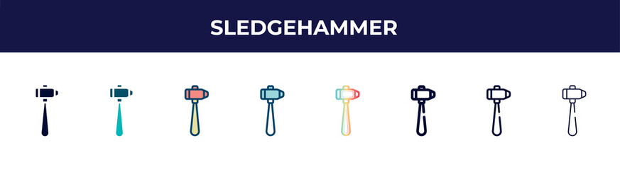 sledgehammer icon in 8 styles. line, filled, glyph, thin outline, colorful, stroke and gradient styles, sledgehammer vector sign. symbol, logo illustration. different style icons set.