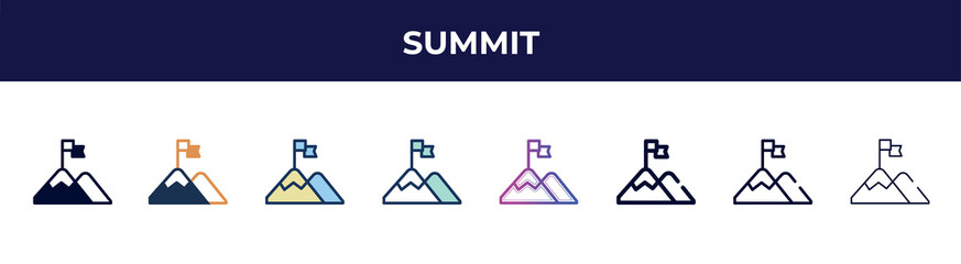 summit icon in 8 styles. line, filled, glyph, thin outline, colorful, stroke and gradient styles, summit vector sign. symbol, logo illustration. different style icons set.